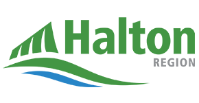 Halton Region logo: Green text, abstract mountain and wave design, blue water.