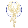 A drawing of a phoenix in a circle on a white background.