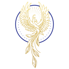 A drawing of a phoenix in a circle on a white background.