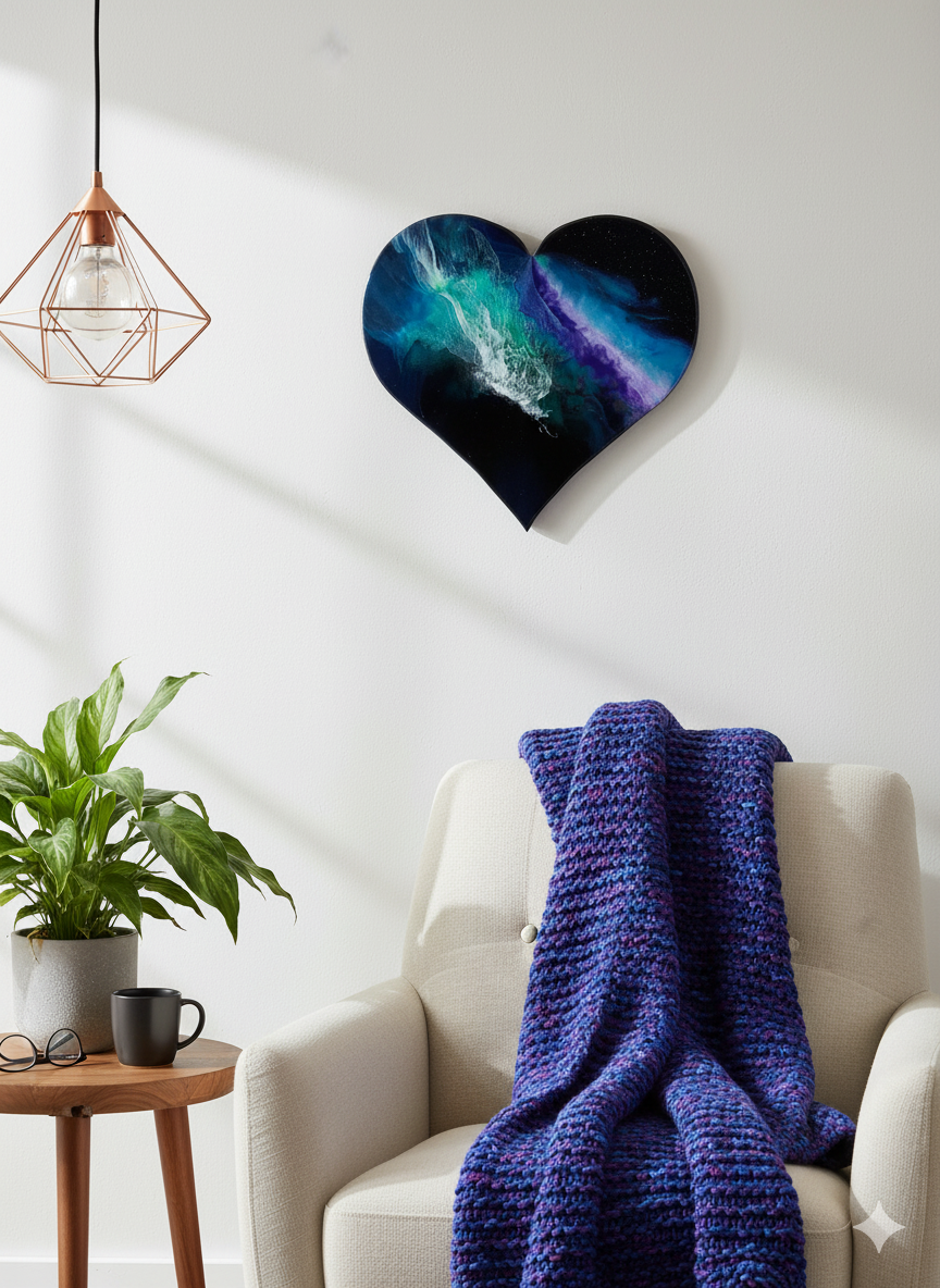 Celestial Heart is a small original piece by Celia Lancaster representing the Northern lights on a heart shaped board
