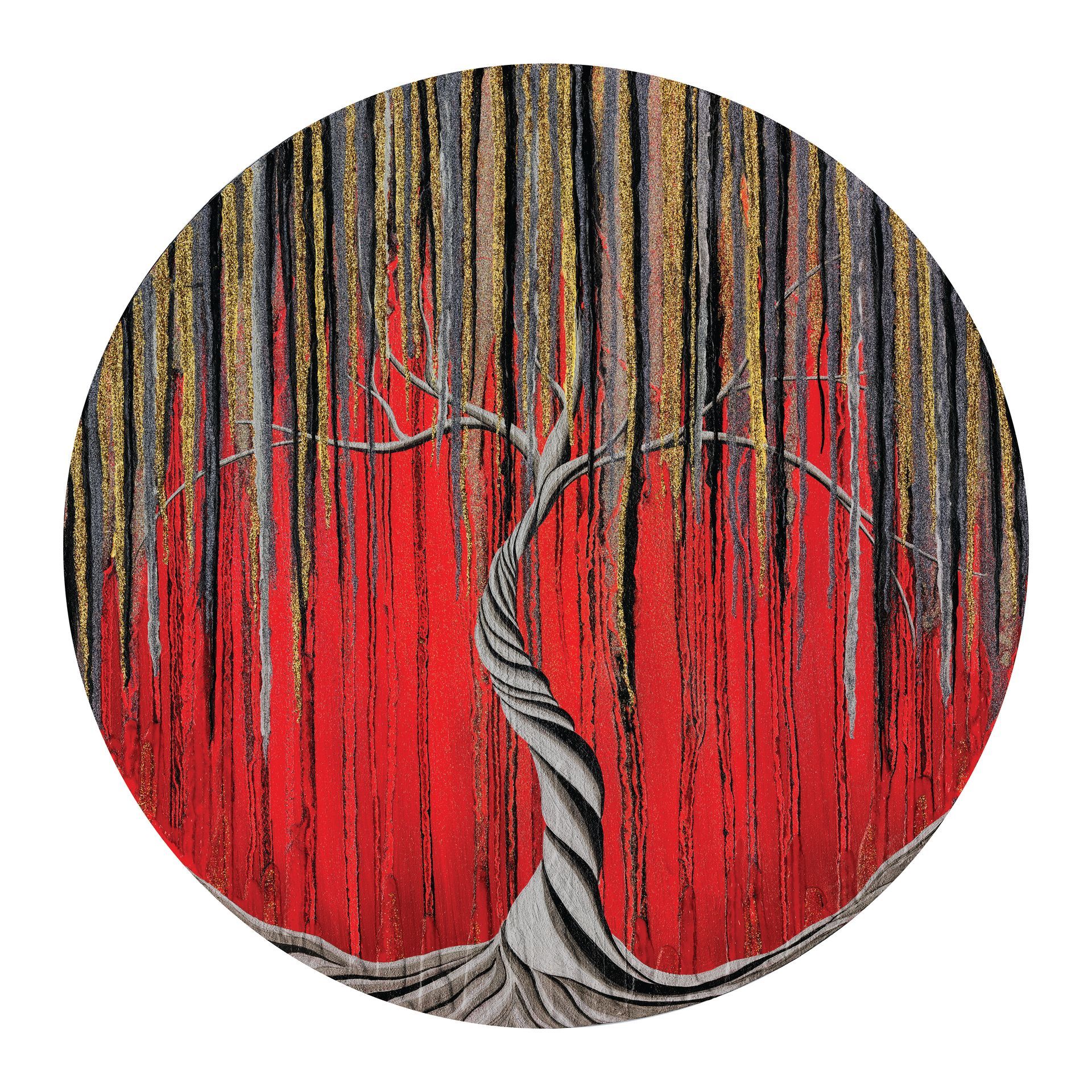 Fine art print of a stylised tree with silver branches on a red background