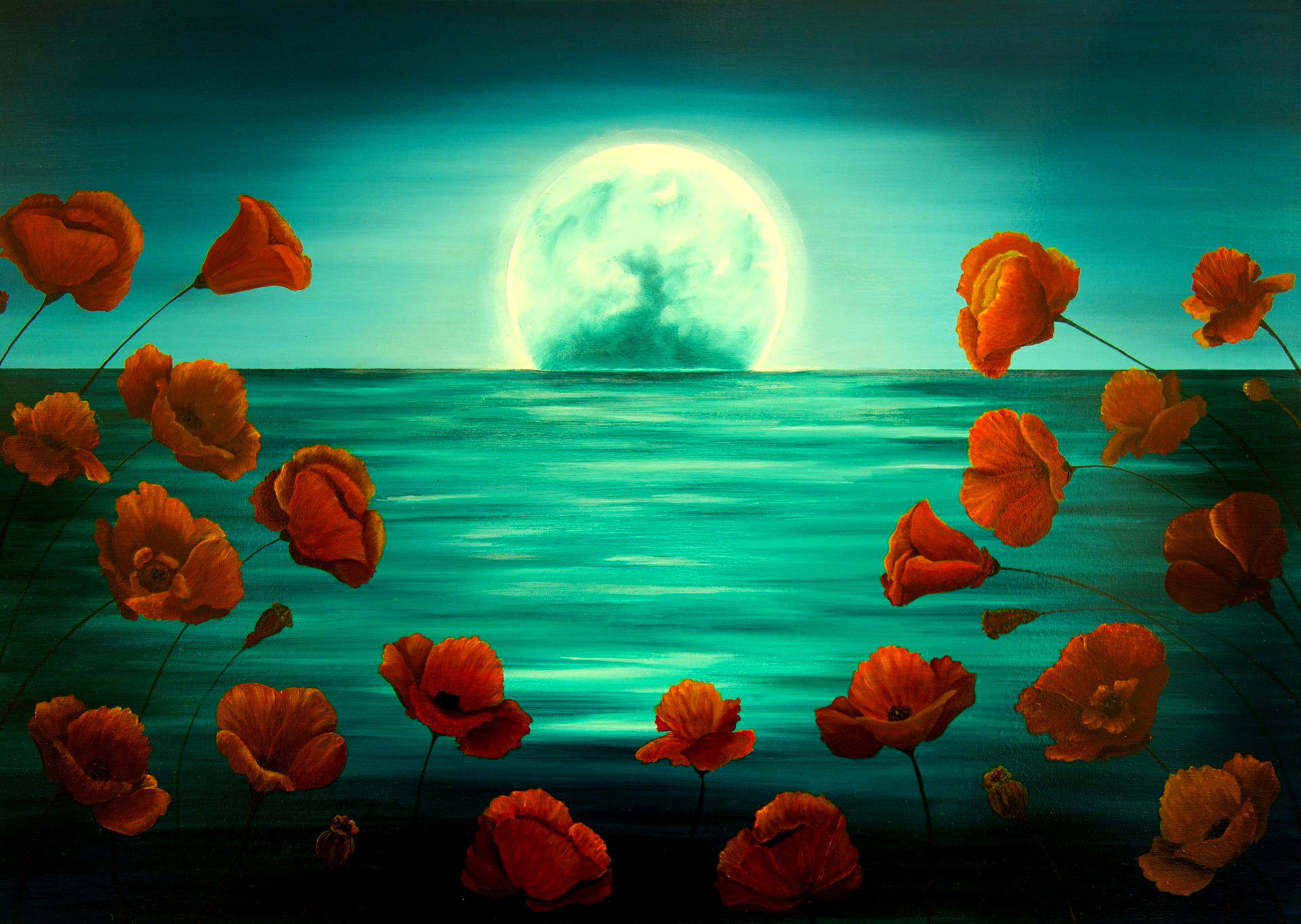 Fine art print of red poppies by moonlight above a glowing sea in teal and blue tones