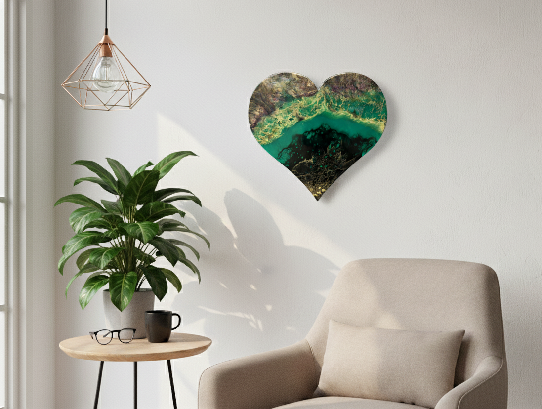 Heart-shaped original resin artwork in green and gold tones displayed on a wall above a side table and plant
