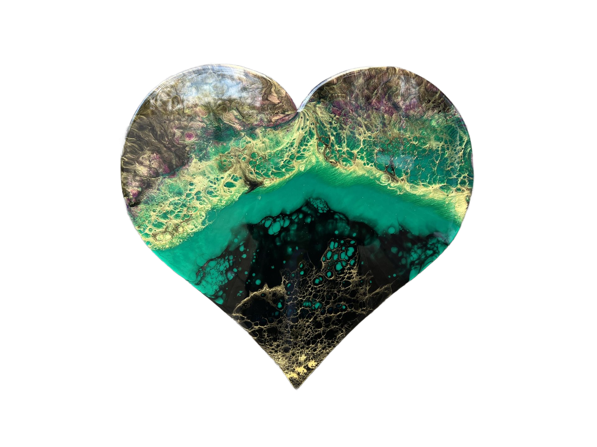 Heart-shaped original resin artwork in green, gold and black tones