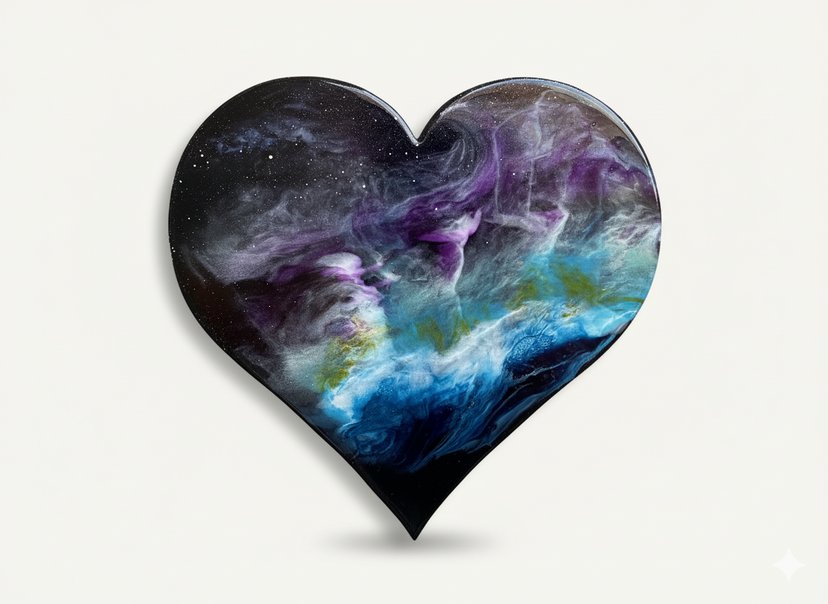 Heart-shaped resin artwork in deep blue, turquoise and violet tones inspired by the northern lights
