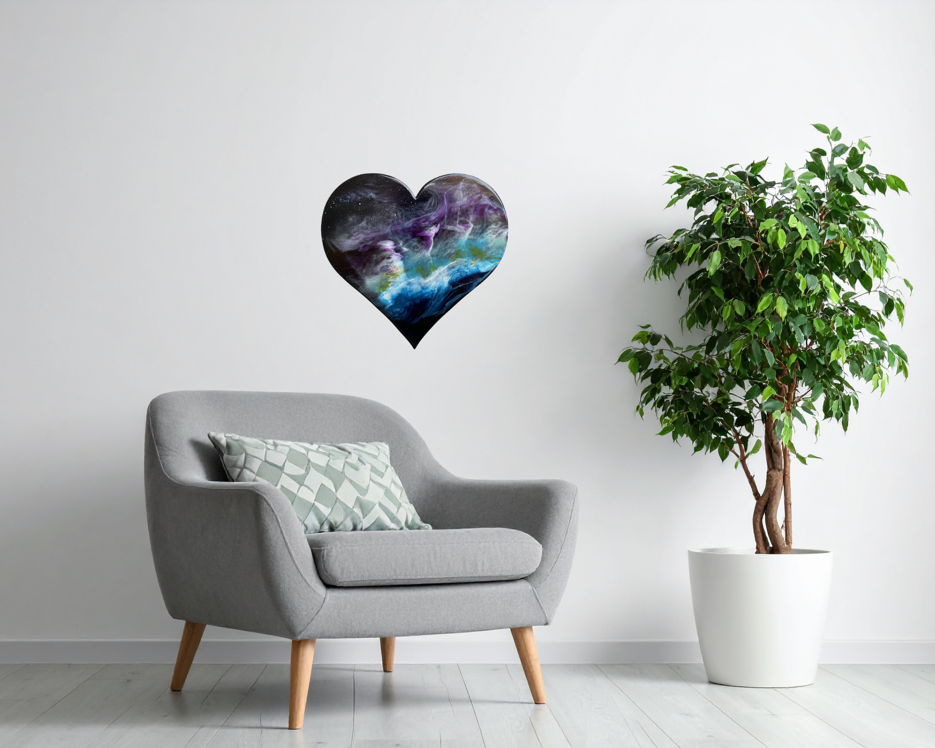 Heart-shaped resin artwork in blue, turquoise and violet tones displayed on a wall above a chair beside a potted tree