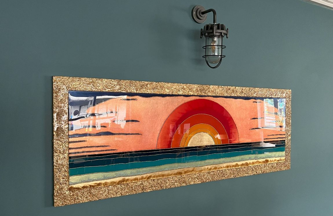 Sunset, Original resin artwork with sunset and sea tones by Celia Lancaster