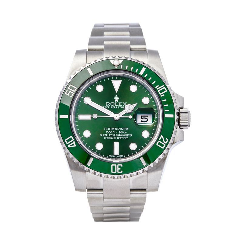 A rolex watch with a green face and a silver band