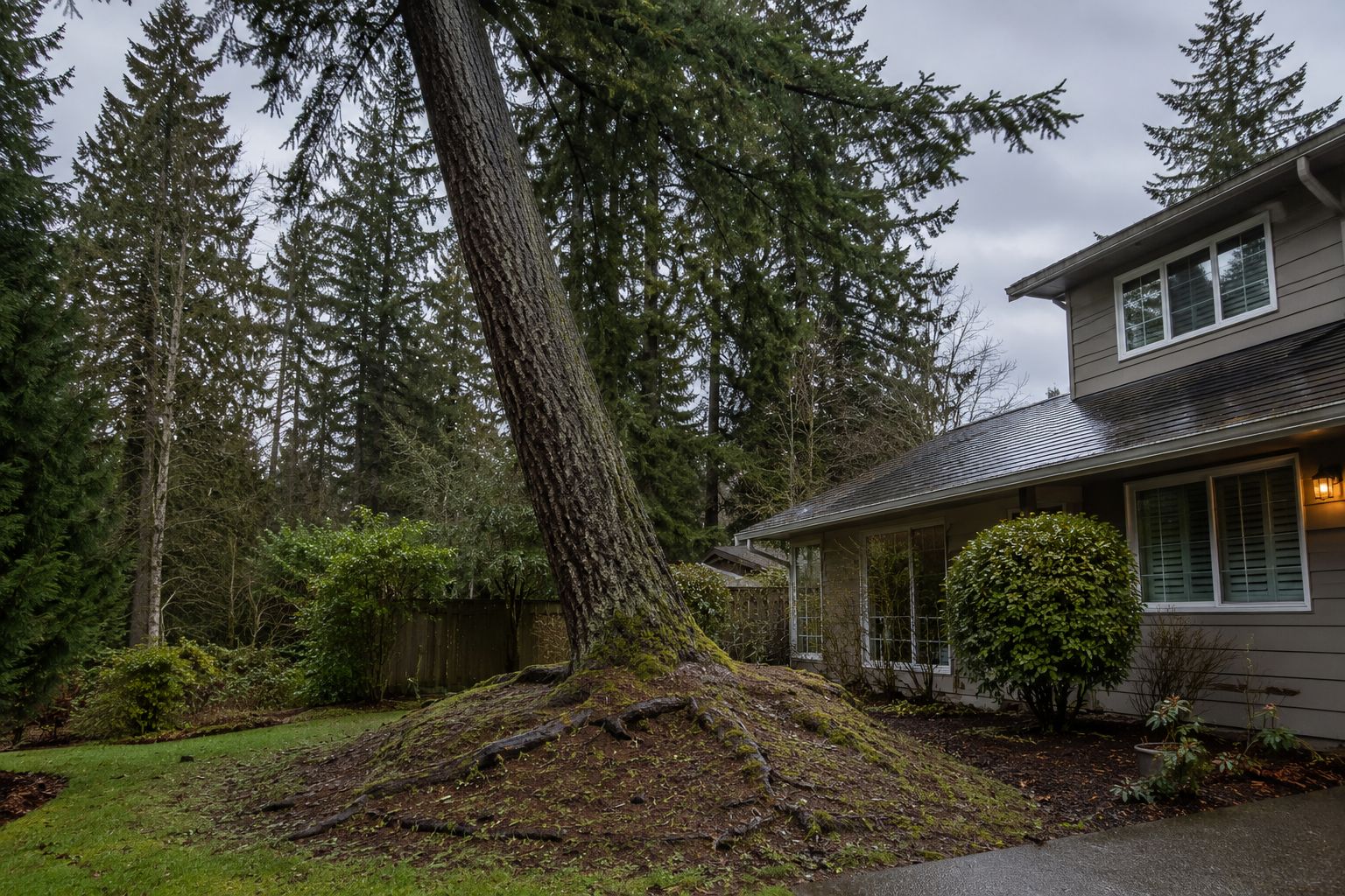 House beside leaning tree in a wooded yard after rain