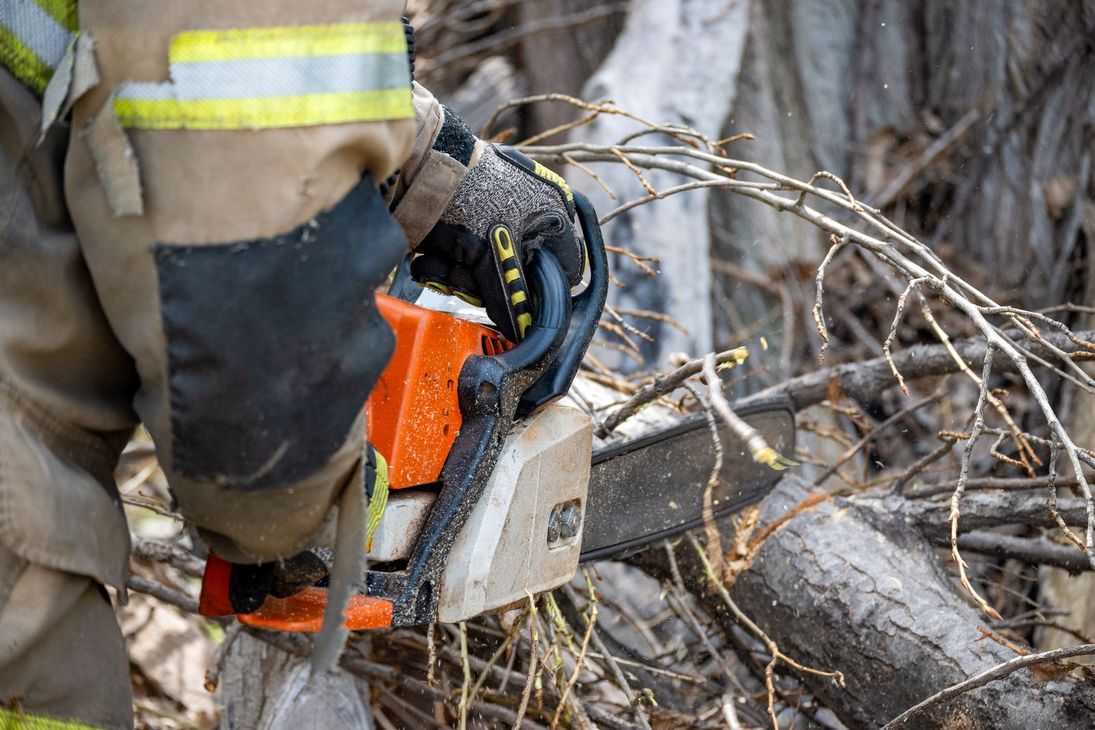 A firefighter in tan protective gear uses an orange chainsaw to clear fallen tree branches.