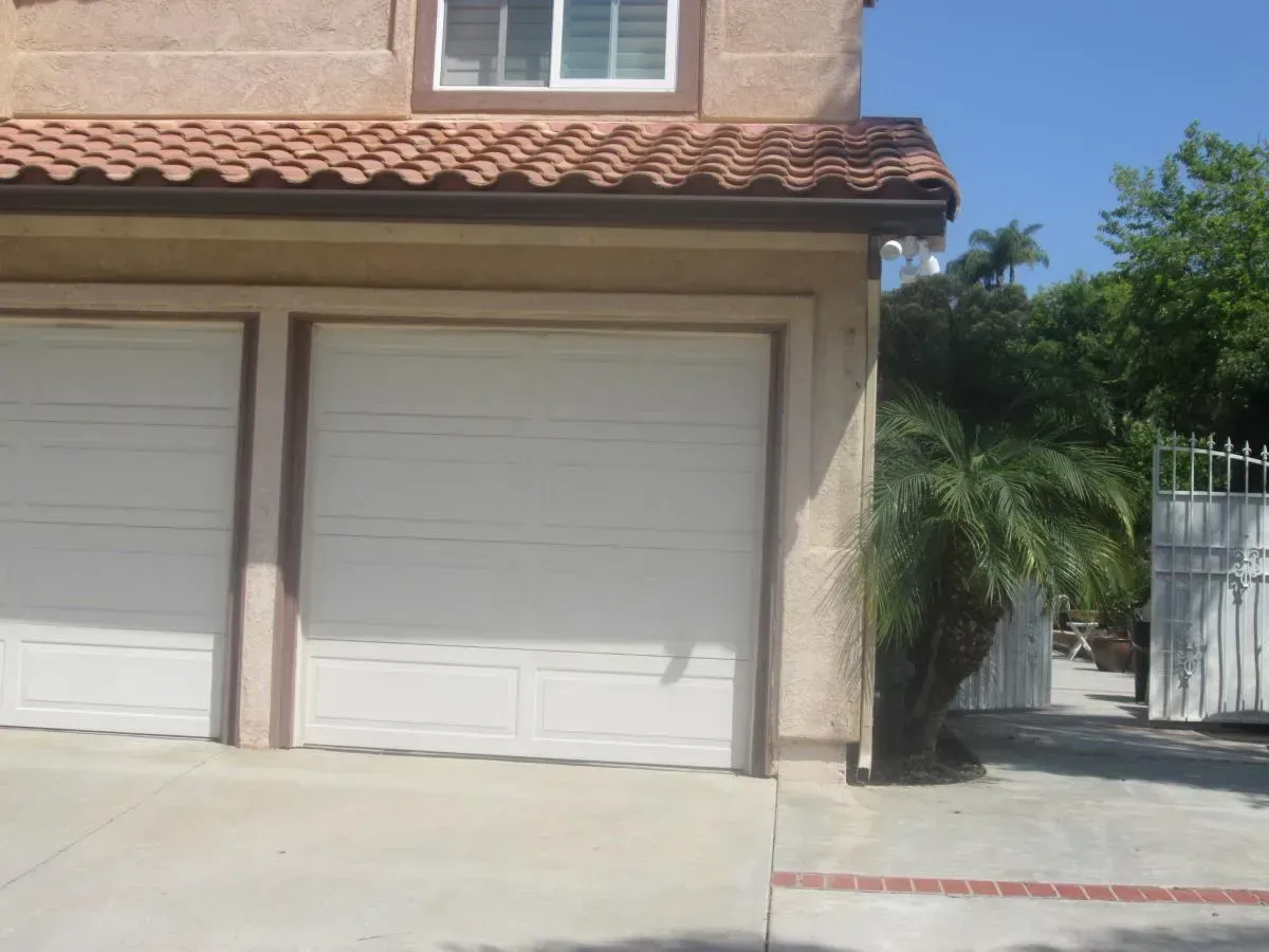Suburban house with two white garage doors and a palm tree by the driveway