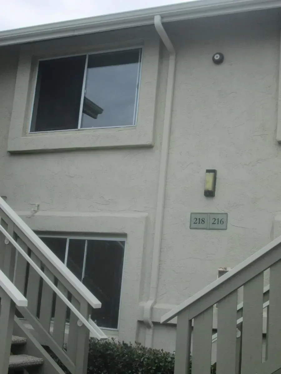 Apartment building entrance with stairs, a second-story window, and unit number 216.