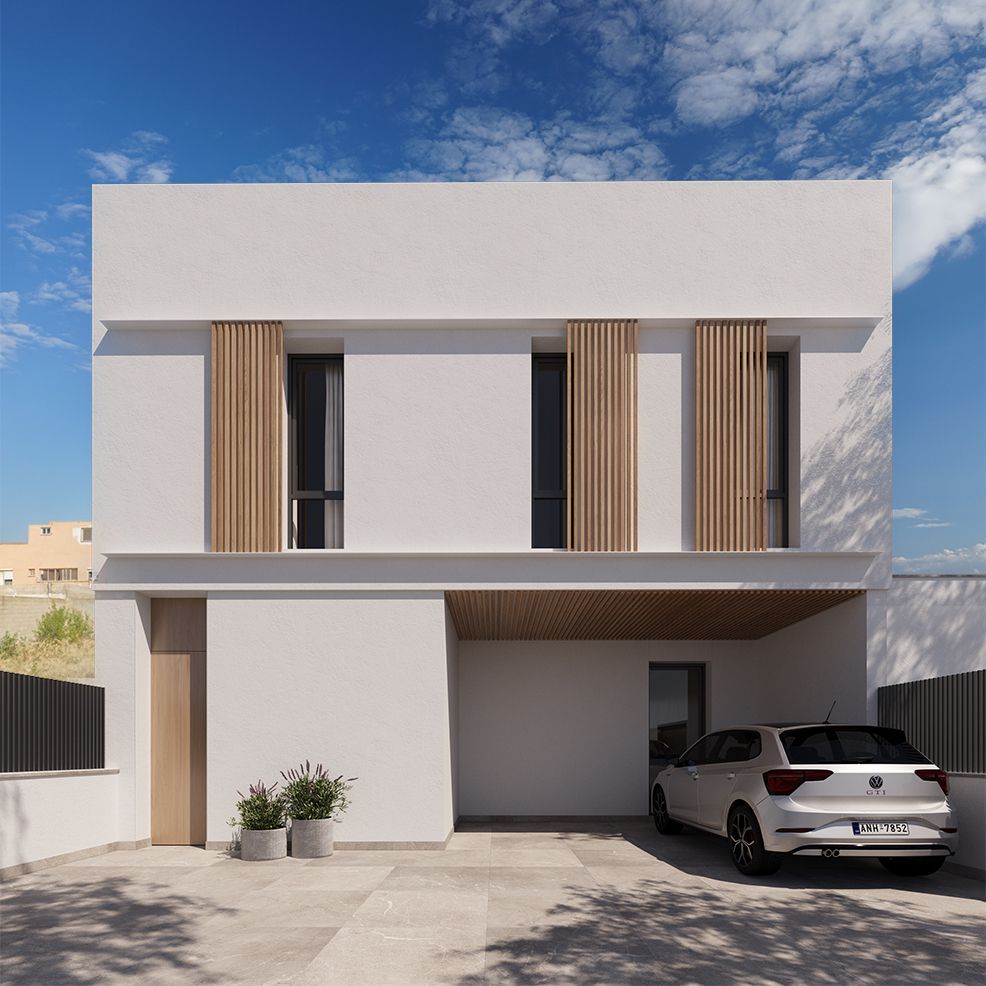 Casa moderna de dos plantas de color blanco con detalles de madera y un coche aparcado en la entrada.
