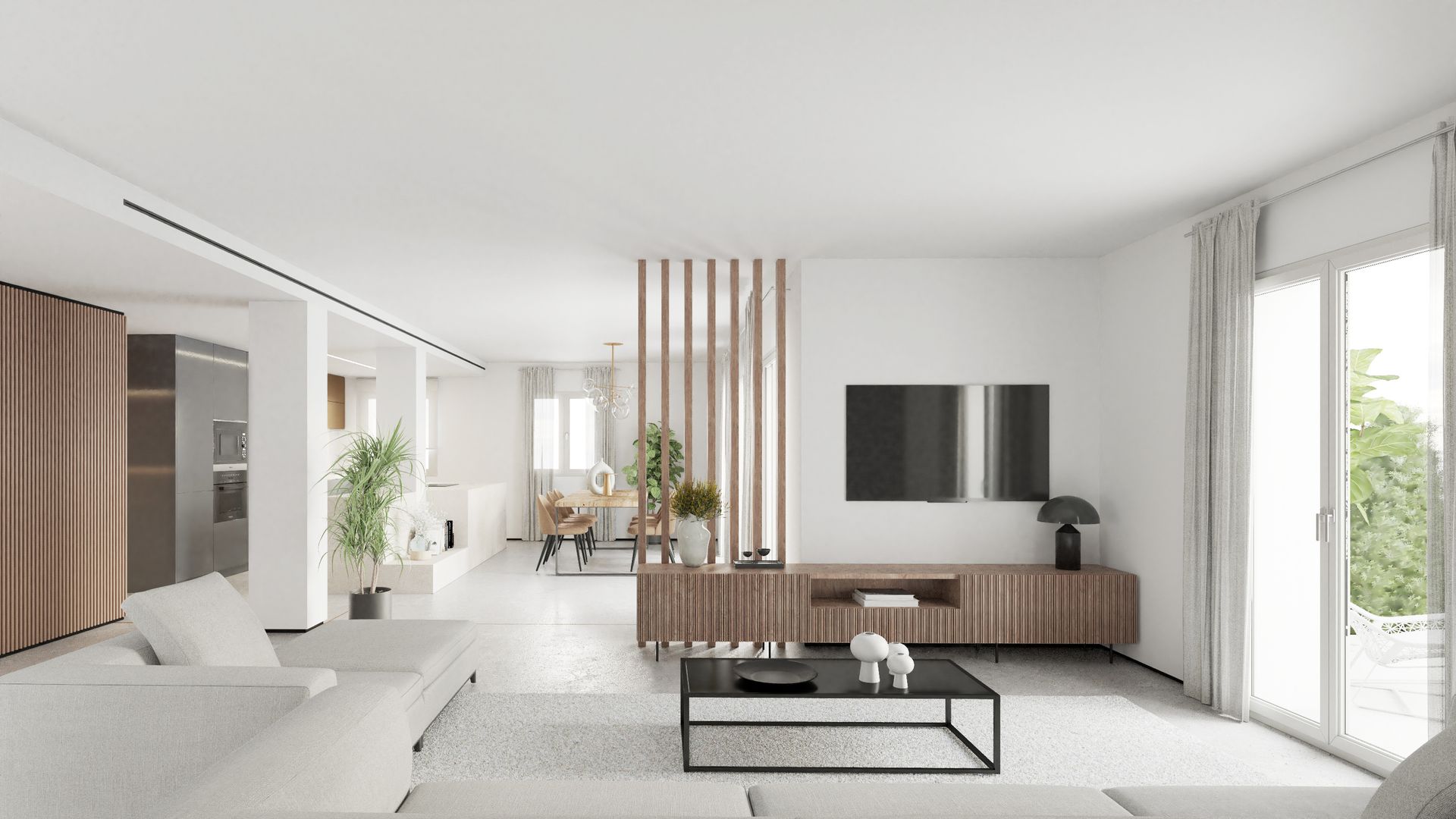 Sala de estar luminosa y minimalista con sofá blanco, mueble para la televisión, mesa de centro y grandes ventanales.