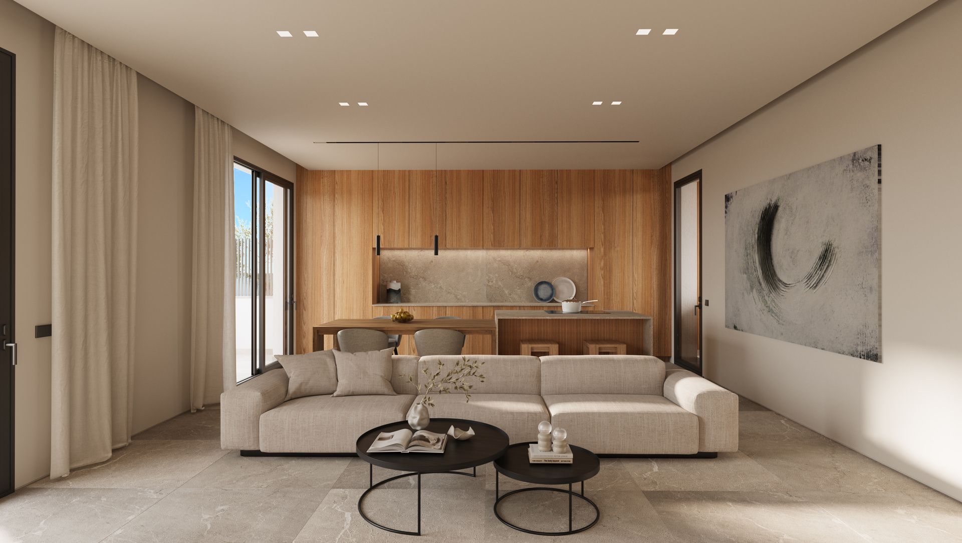 Sala de estar moderna con sofá beige, mesas de centro redondas, pared decorativa de madera y grandes cortinas.