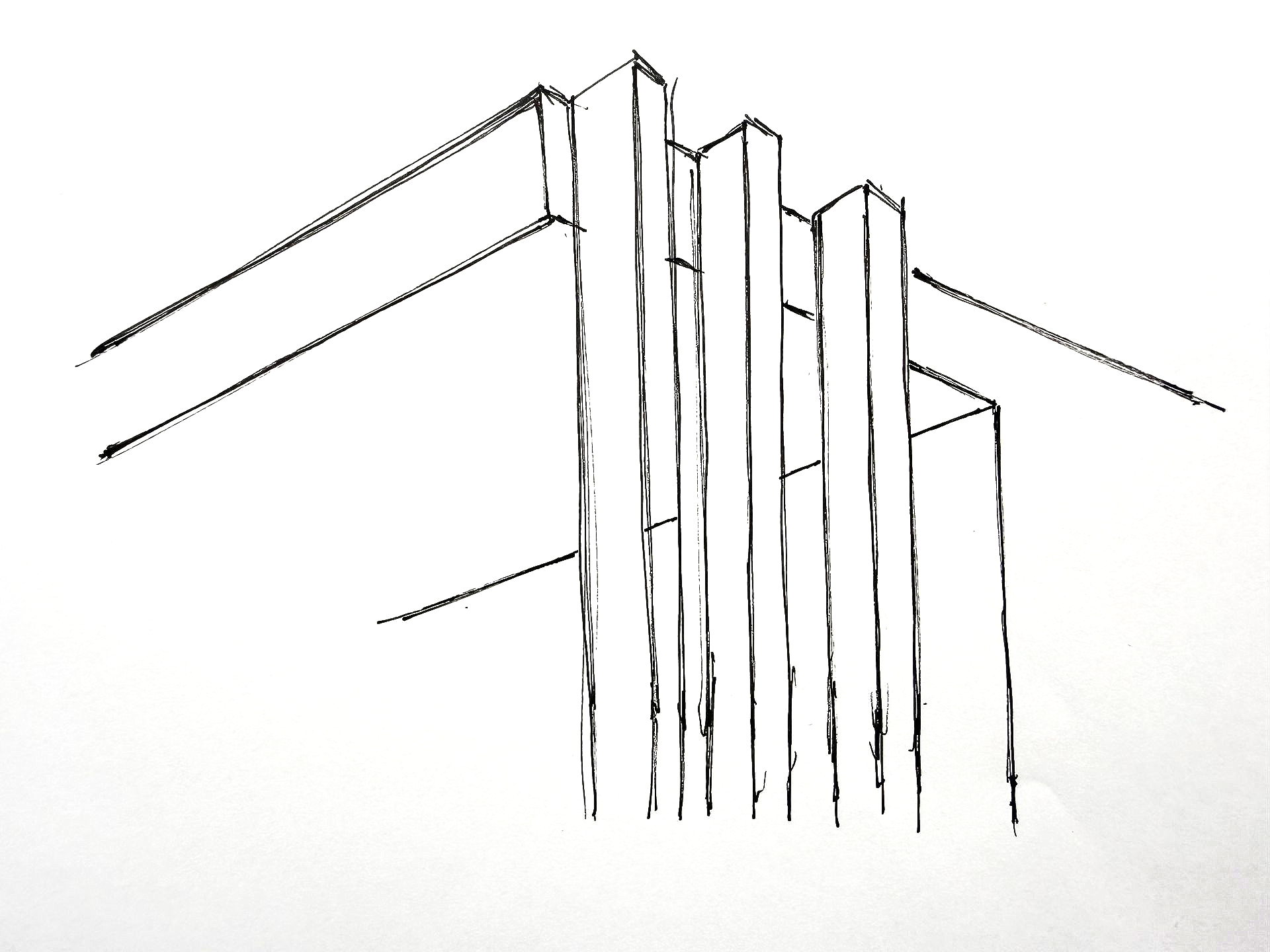Boceto en blanco y negro de la esquina de un edificio moderno con altas columnas verticales y líneas de techo en ángulo.