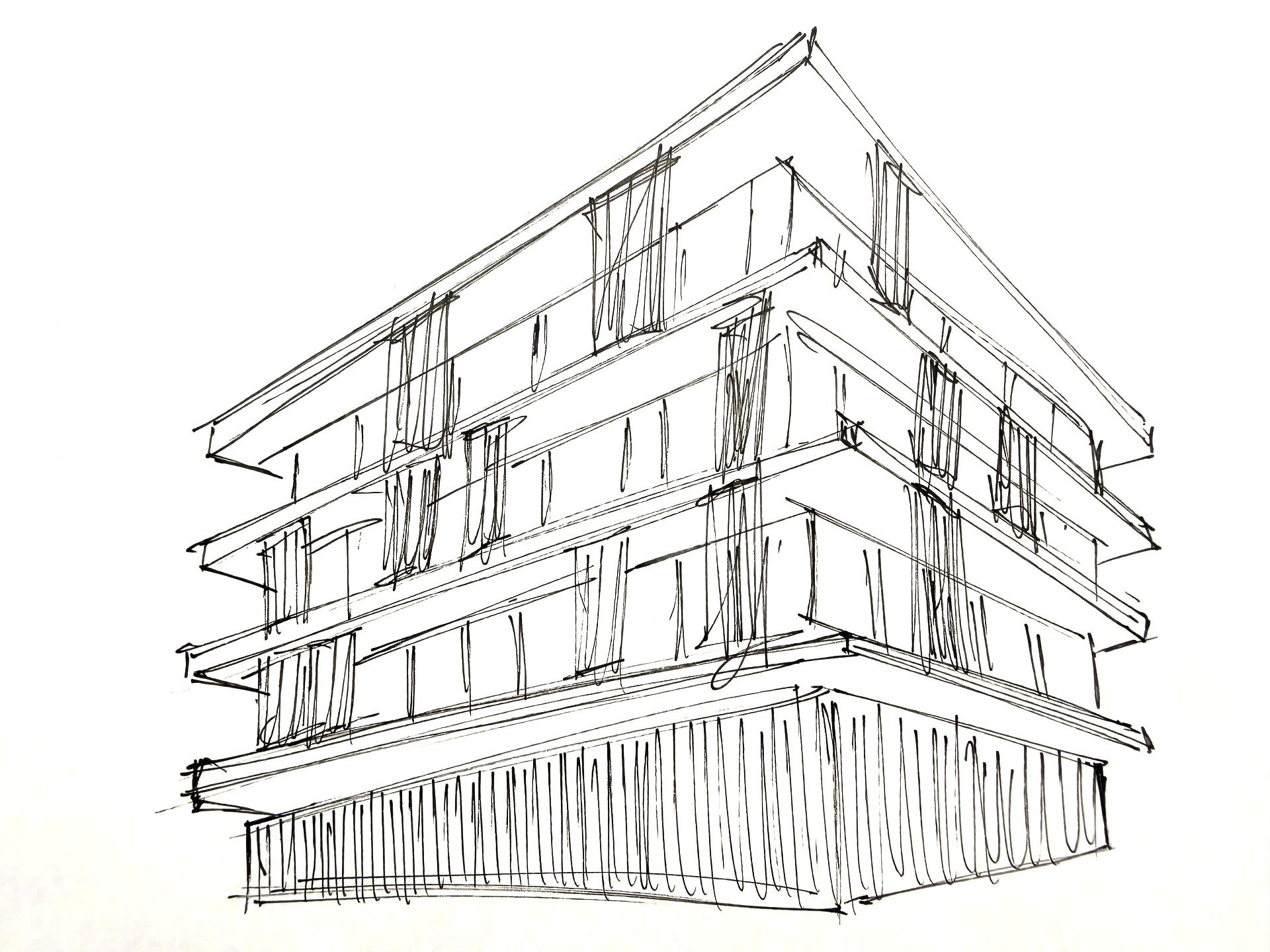 Boceto de un edificio moderno de varias plantas con balcones, representado en dibujo lineal en blanco y negro.