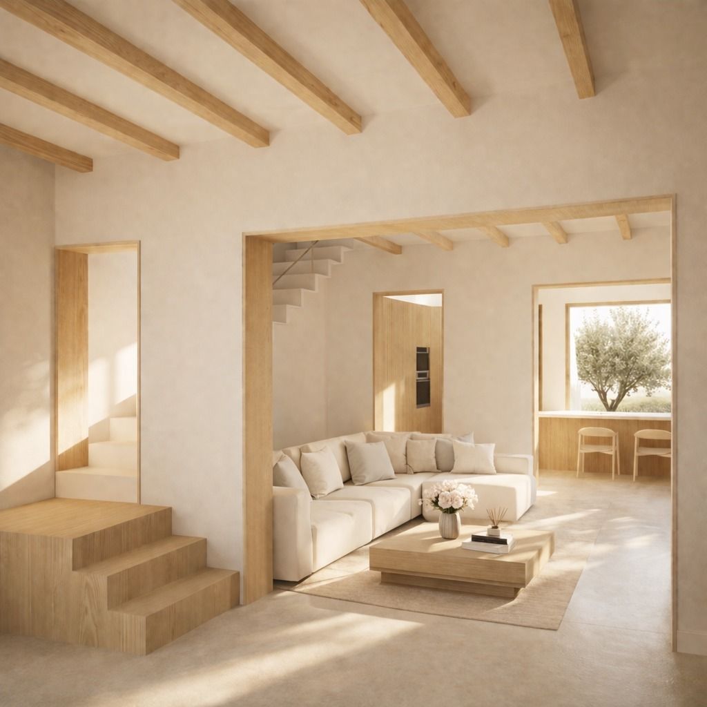 Sala de estar minimalista y luminosa con sofá color crema, vigas de madera, escaleras y vistas abiertas al comedor.