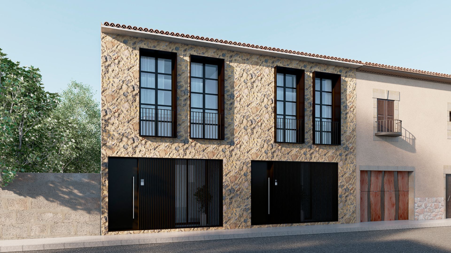Moderna casa de piedra de dos plantas con grandes ventanas y puertas de garaje con marcos negros en una calle soleada.