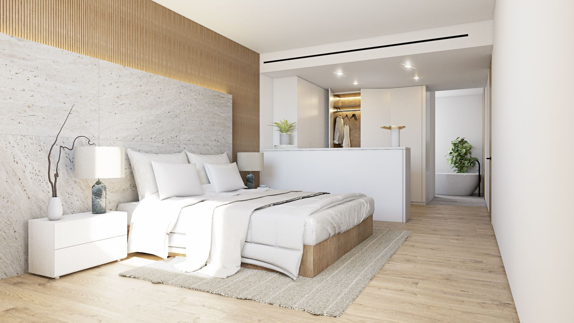 Dormitorio moderno con cama blanca, pared decorativa de madera, mesita de noche y luz natural brillante.