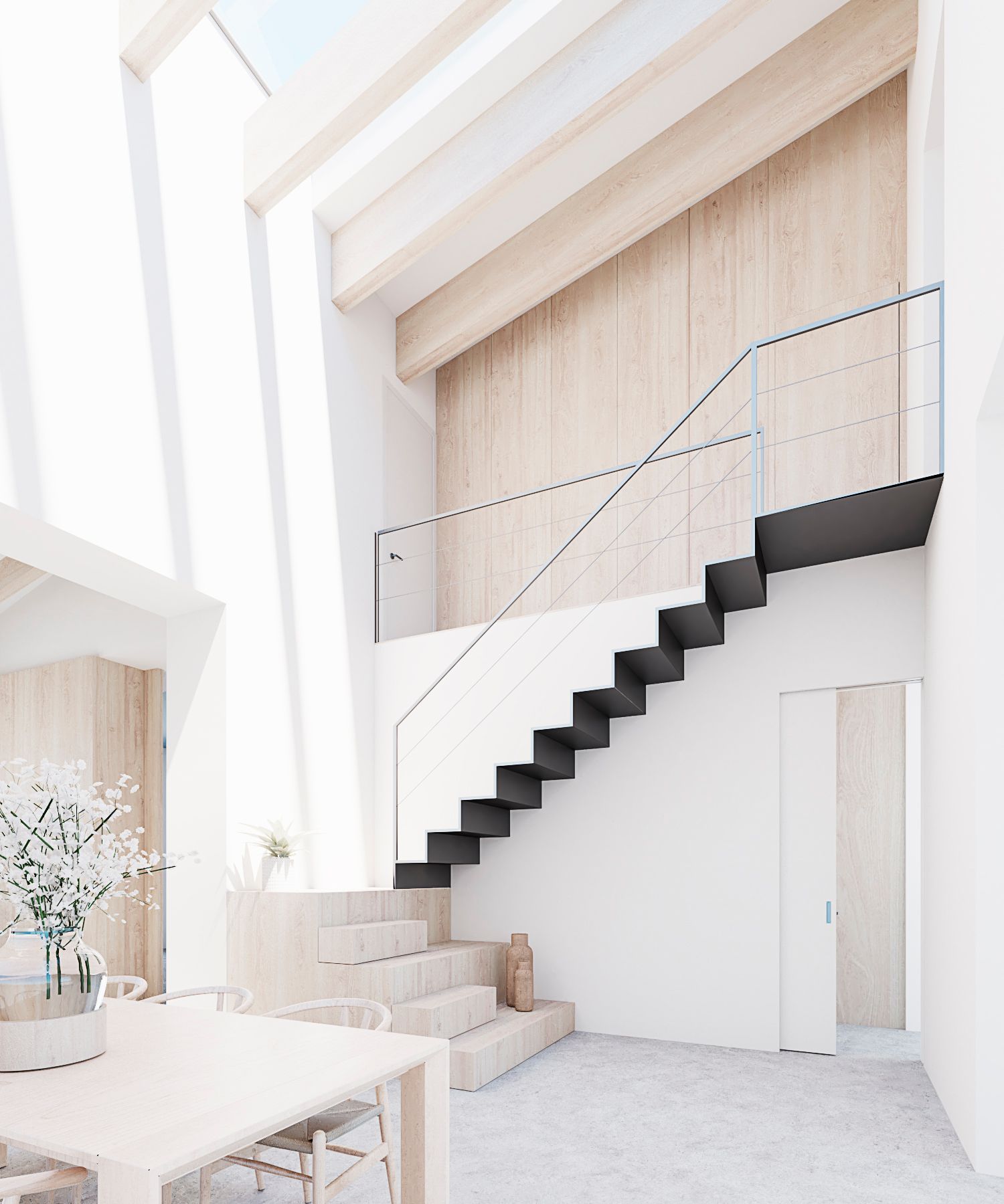 Interior luminoso y minimalista con escalera blanca, escalones negros y barandilla de cristal en una habitación soleada.