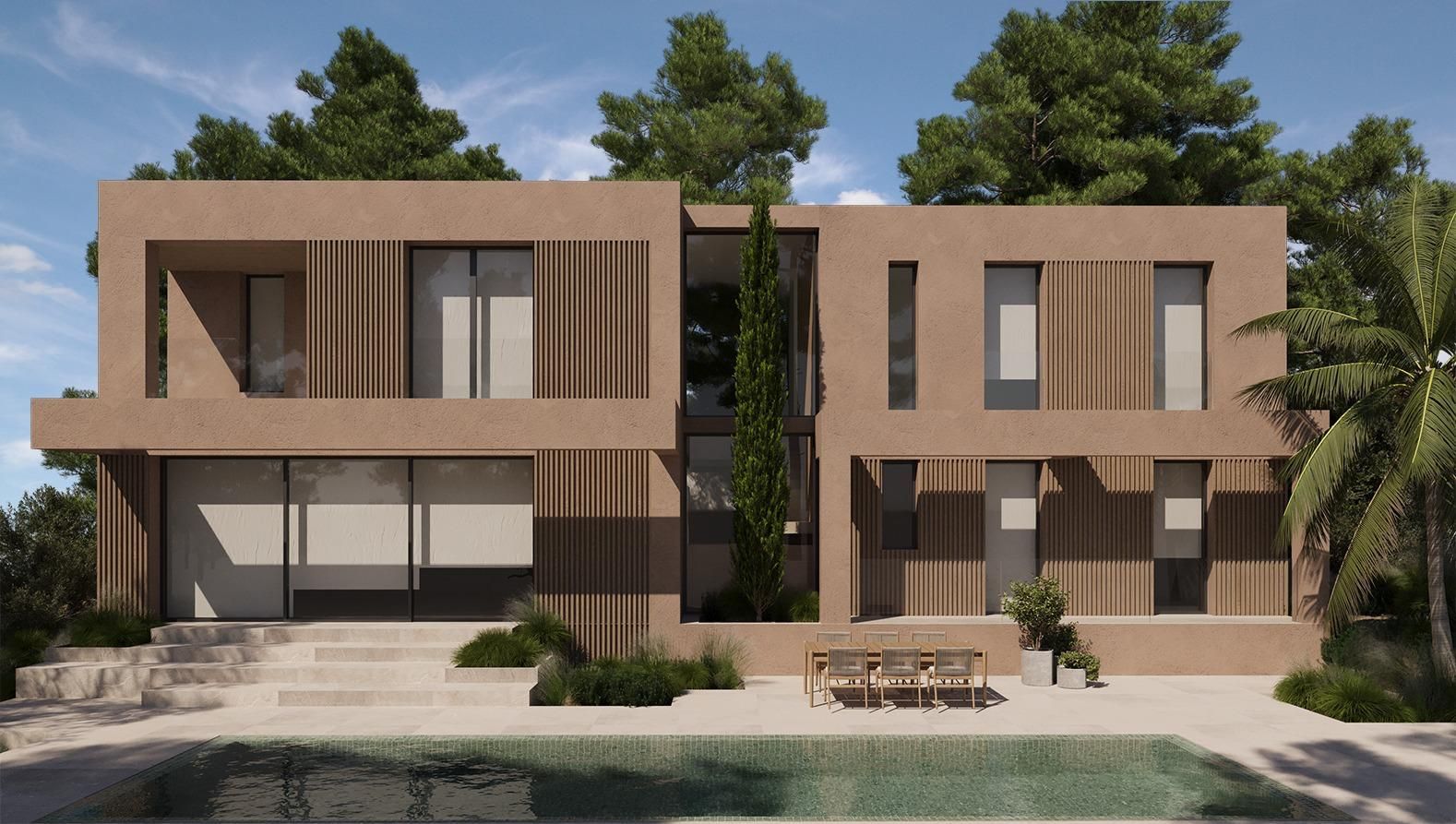 Modernas casas adosadas de dos plantas con fachadas de listones de madera y un pequeño patio delantero rodeado de árboles.