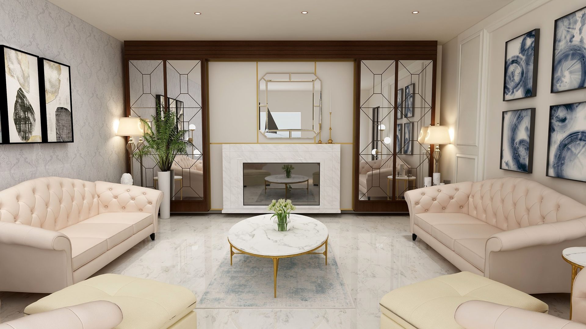 Elegant living room with matching pink sofas, mirrored wall, fireplace, and coffee table.