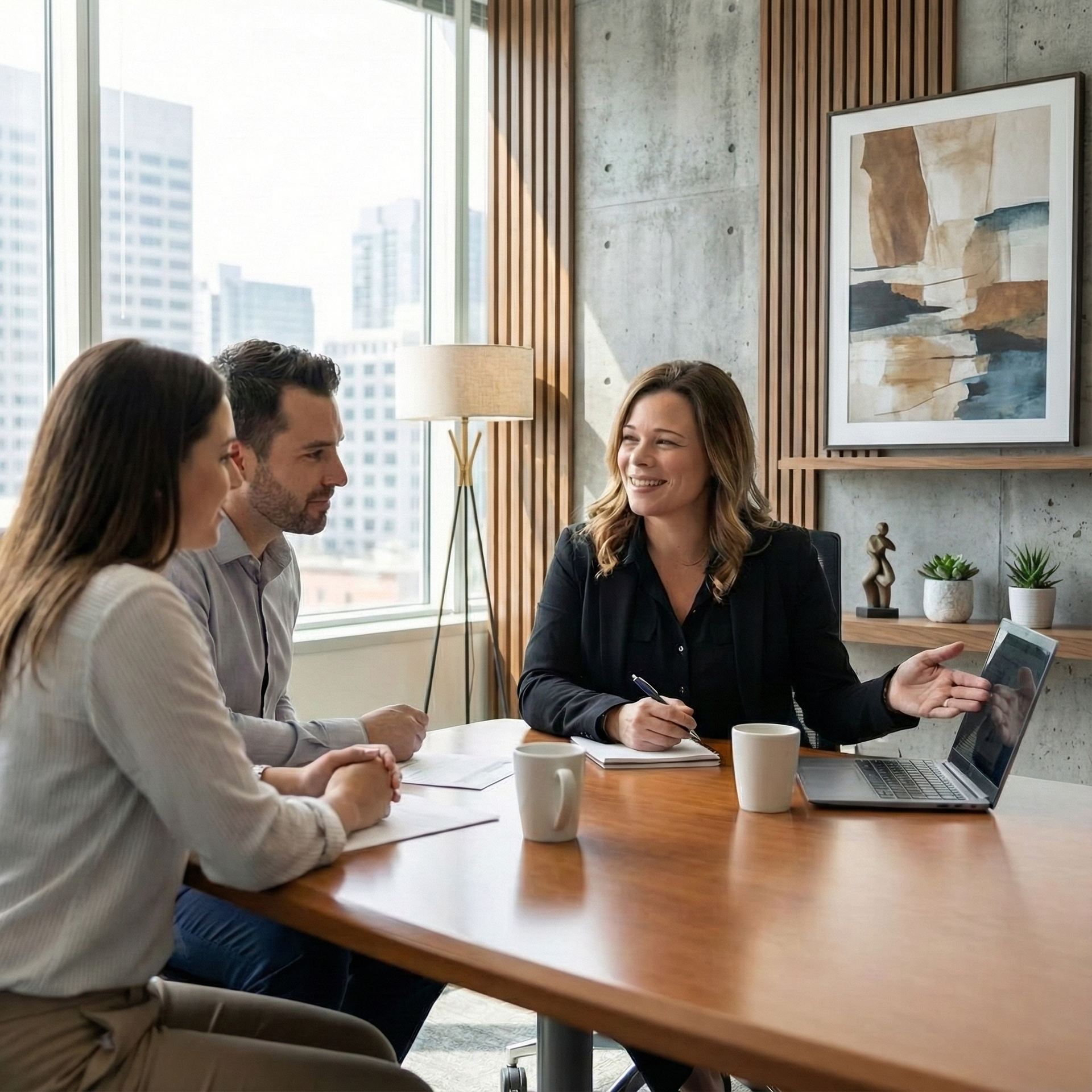 Woman in black suit points at a laptop, presenting to a couple at a table. Bright office.