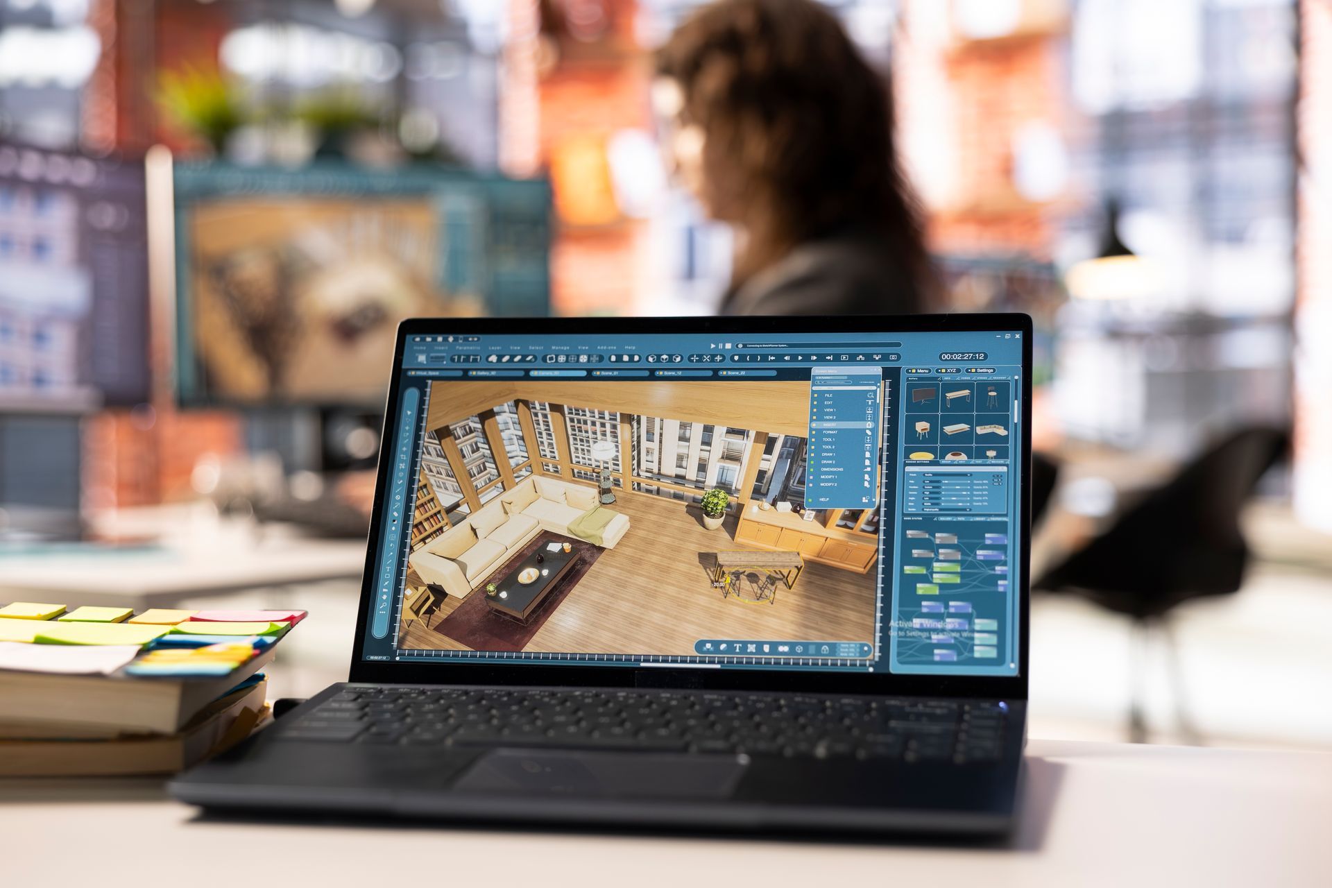 Laptop displaying 3D interior design software; person working in the background.