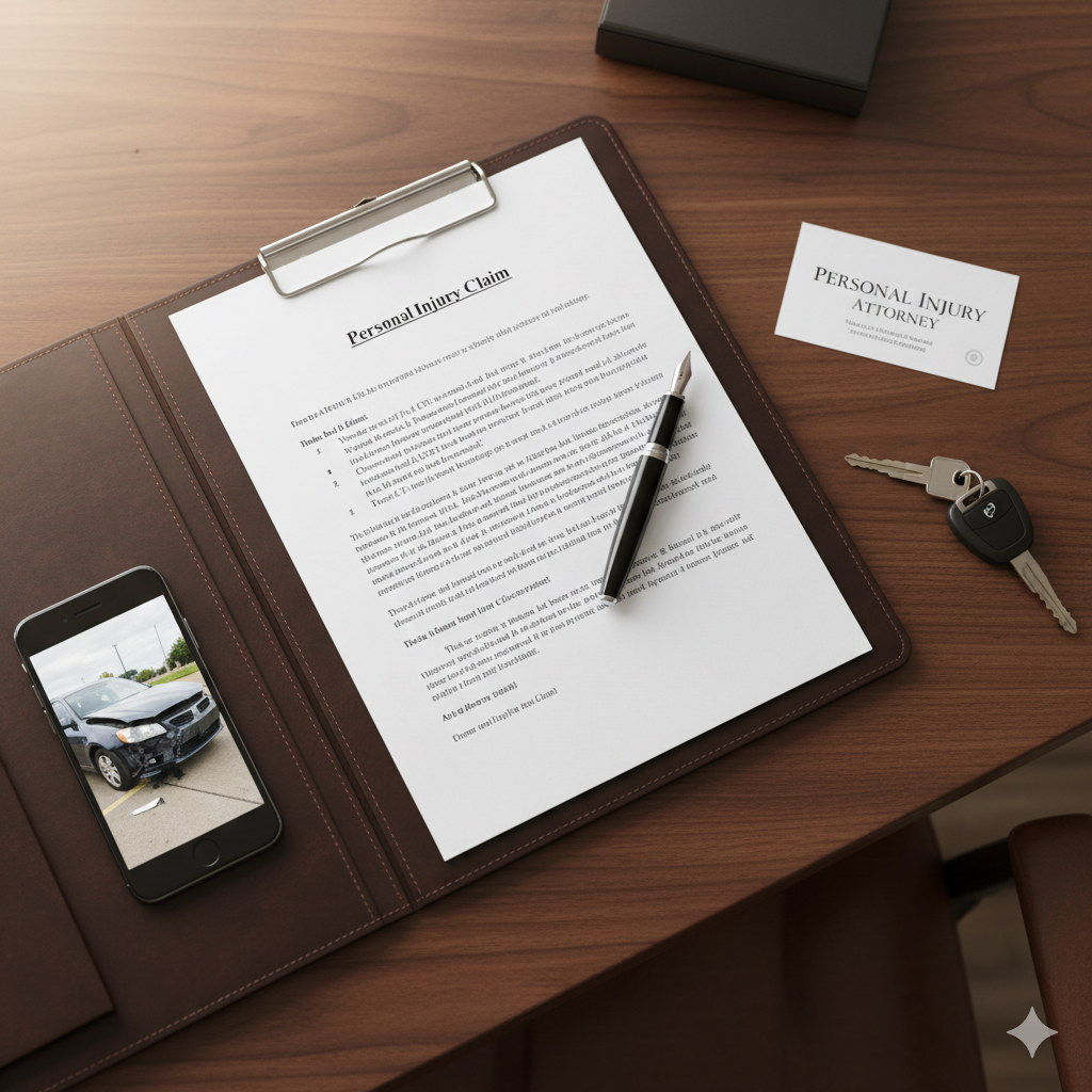 Personal injury legal consultation setup with claim documents, attorney business card, and car keys