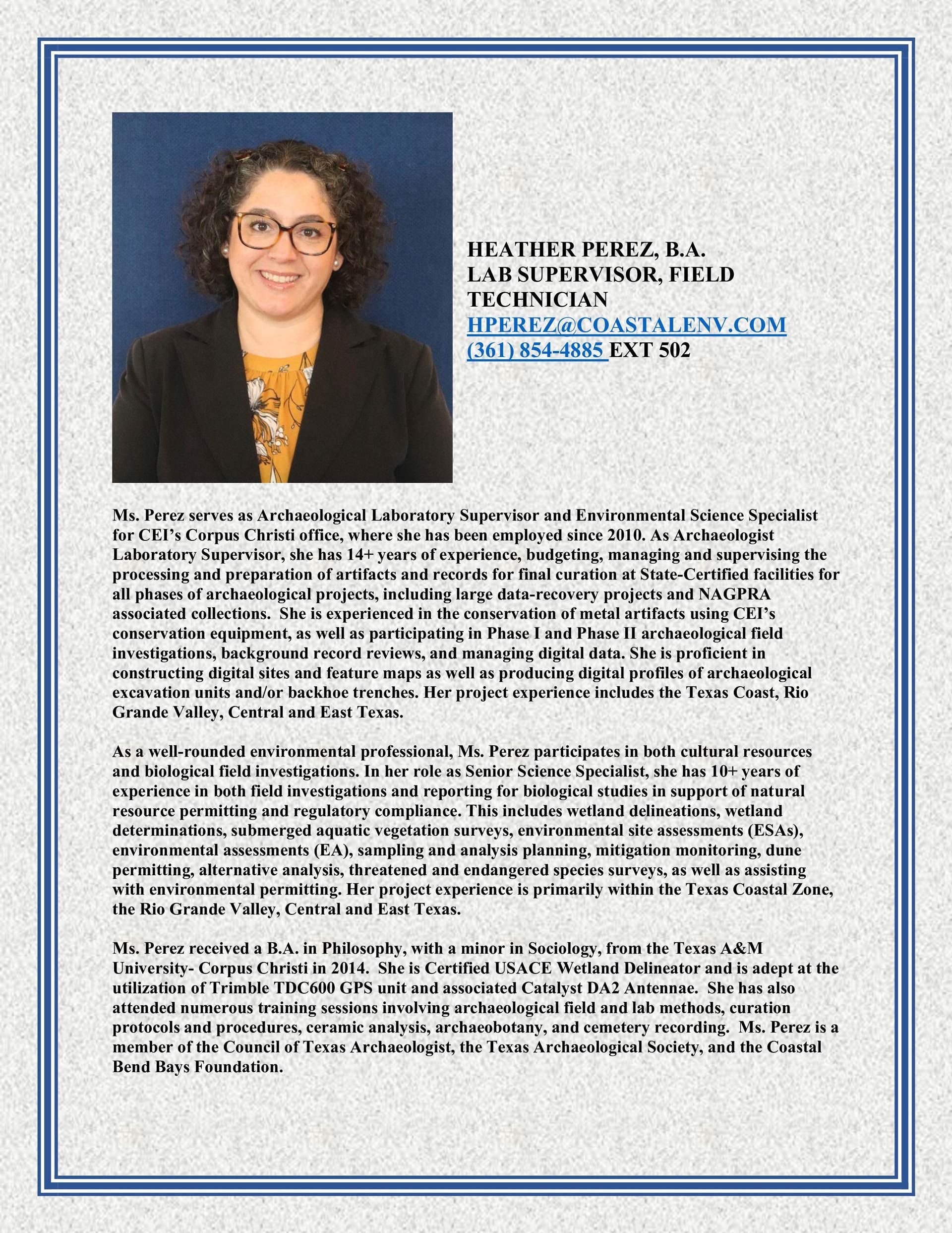 Heather Perez Bio - Baton Rouge, LA - Coastal Environments, Inc.