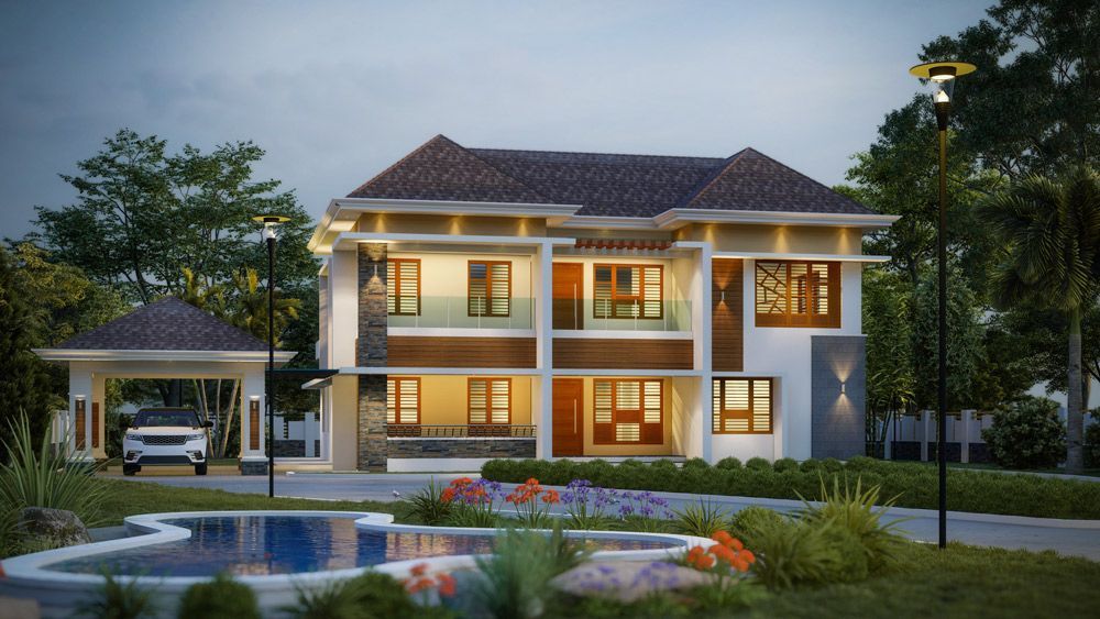 A Large House with A Pool and A Car Parked in Front of It — Iconic Construction Industries in Garbutt, QLD