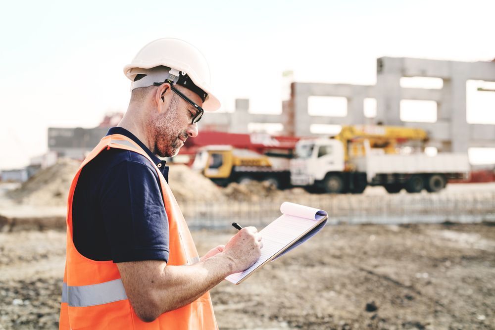 A Construction Worker Is Writing on A Clipboard at A Construction Site — Iconic Construction Industries in Mackay, QLD