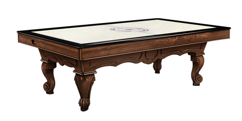 A pool table with a marble top and wooden legs on a white background.