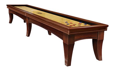 A long wooden shuffleboard table with balls on it on a white background.