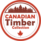 The logo for the canadian timber collection has a maple leaf and trees on it.