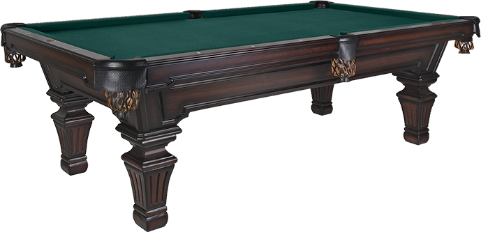 A pool table with a green cloth and wooden legs on a white background.