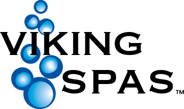A logo for viking spas with blue bubbles on a white background