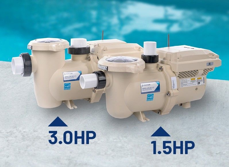 Two swimming pool pumps are sitting next to each other on the side of a pool.
