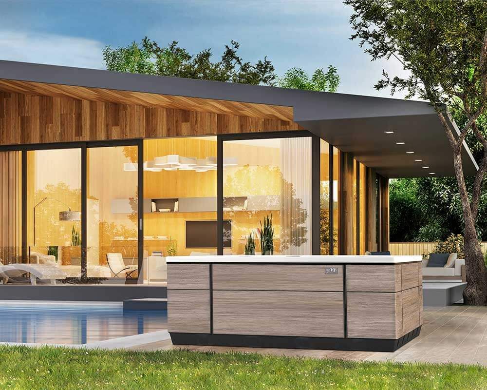A large house with a swimming pool and a hot tub in front of it.