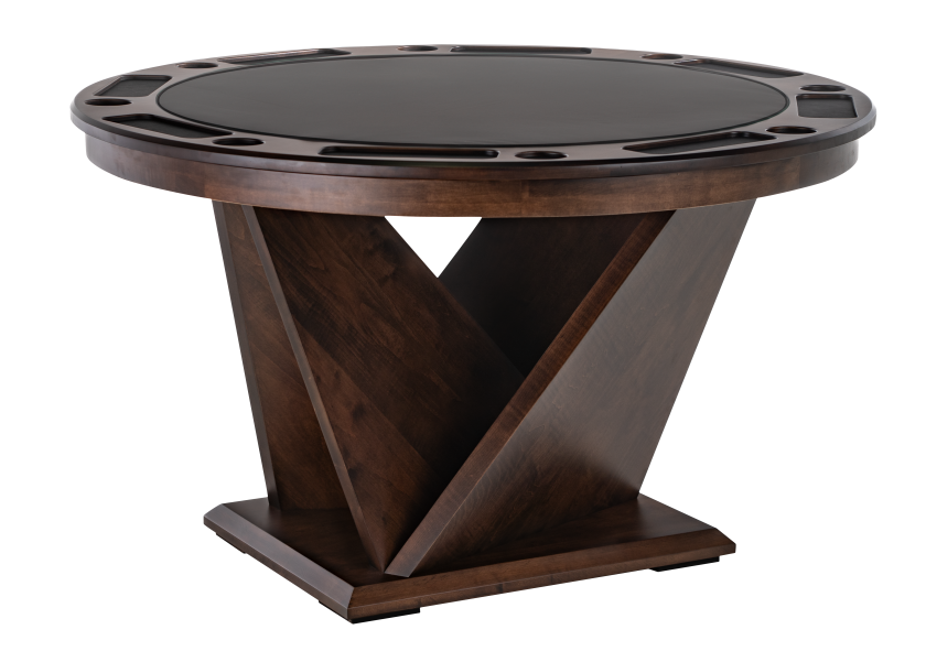 A round table with a black top and a triangle base