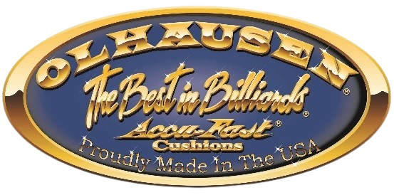 A blue and gold logo for olhausen the best in billiards