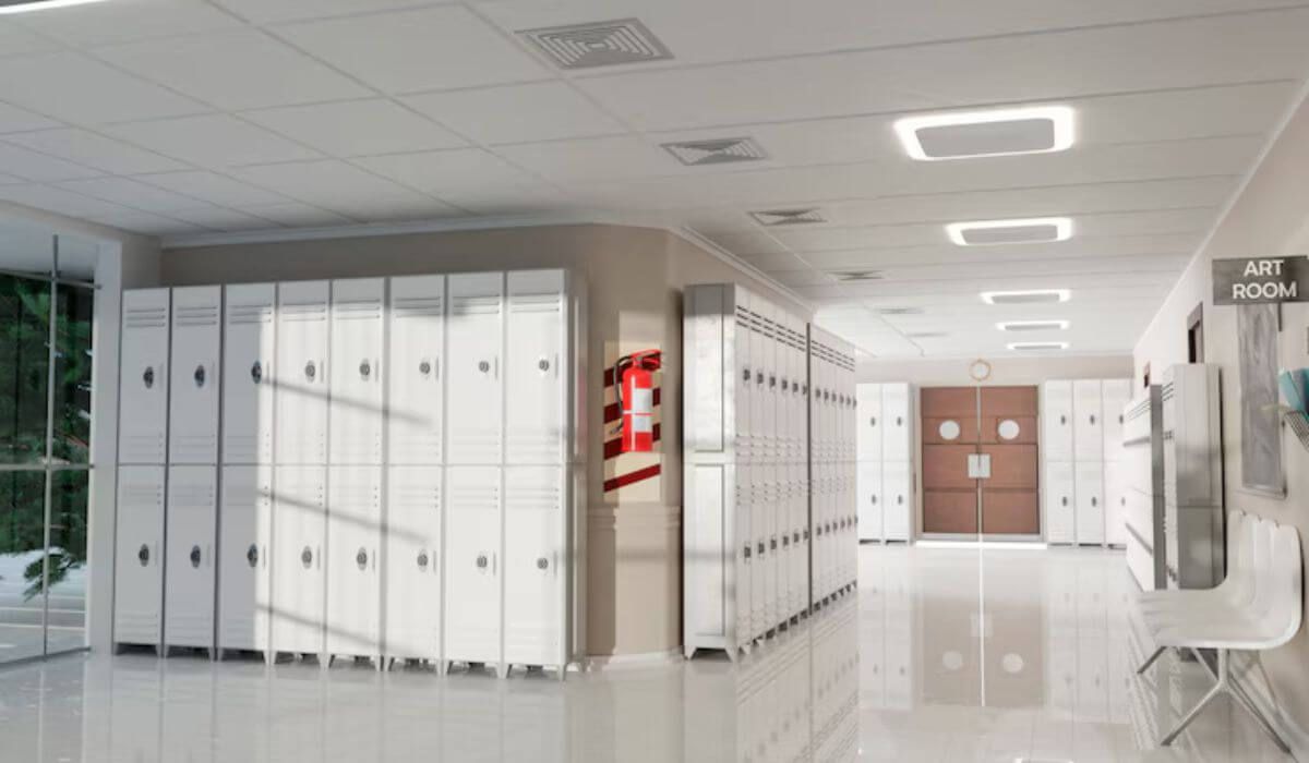Hallway with multiple alarms
