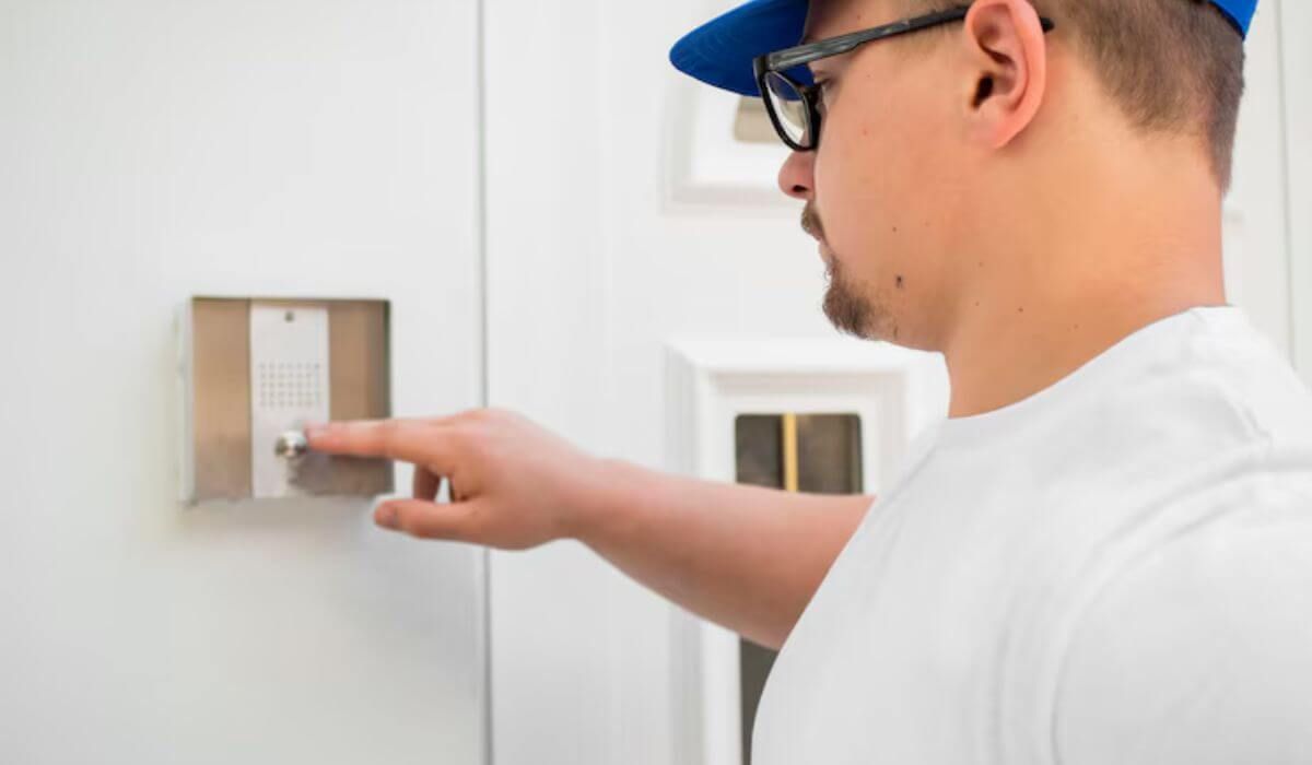 Uniformed technician installing alarm.