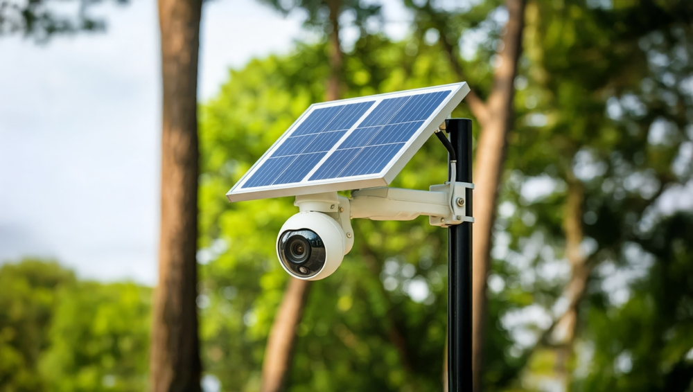 A security camera with a solar panel attached to it.