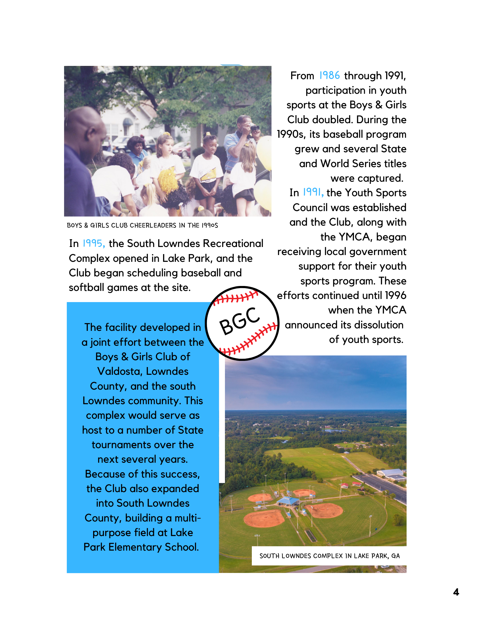 Group of people, photo of baseball fields, Boys & Girls Club logo.