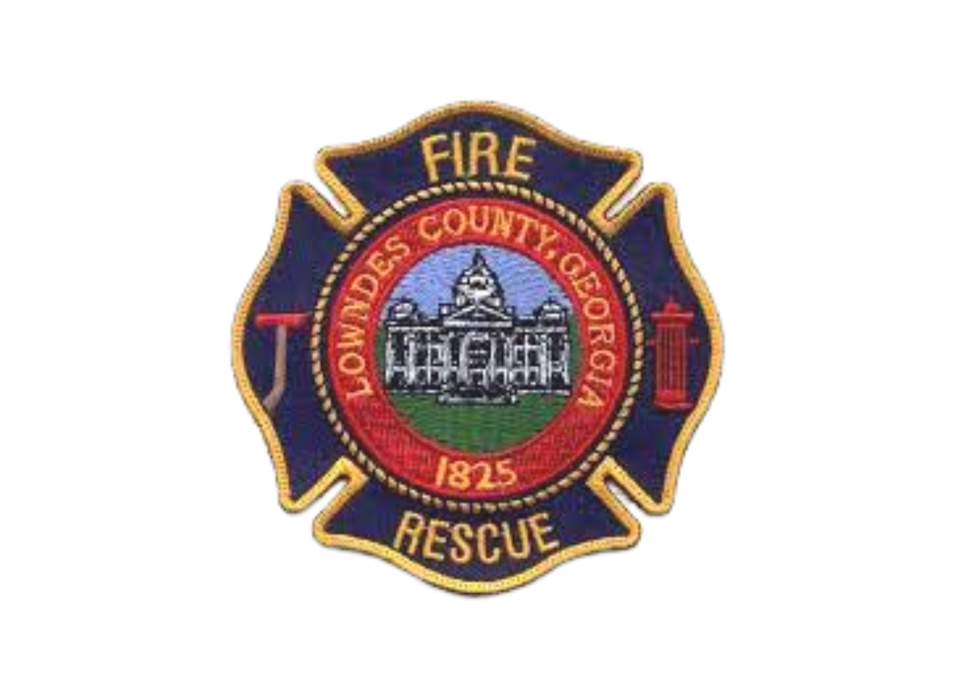 Lowndes County, Georgia fire and rescue emblem: Maltese cross, state capitol, text.
