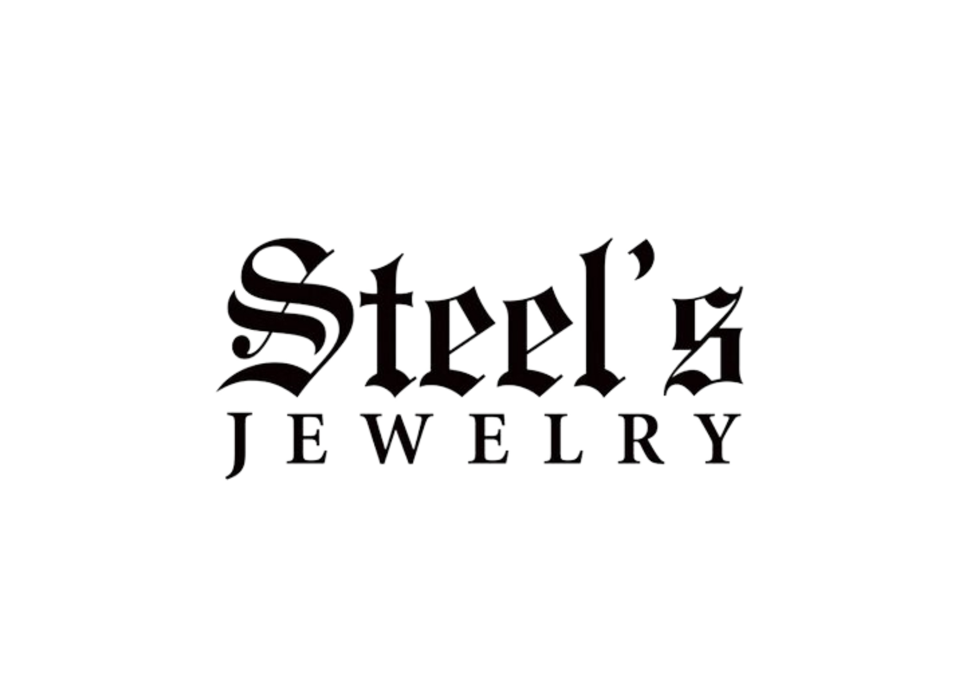 Steel's Jewelry logo: Black gothic text on a white background. The top line reads