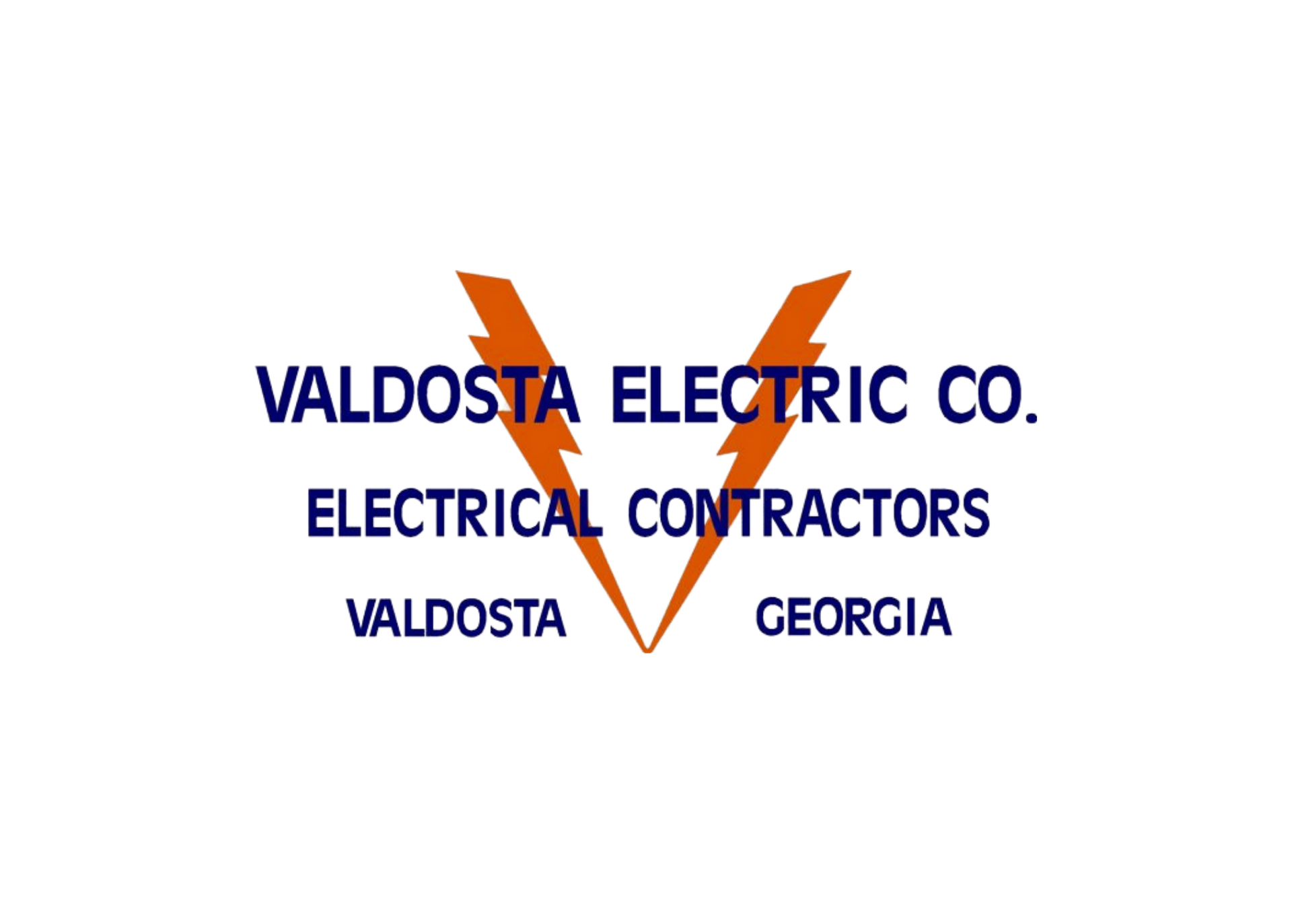 Logo for Valdosta Electric Co., Electrical Contractors in Valdosta, Georgia. Features orange lightning bolts over blue text.