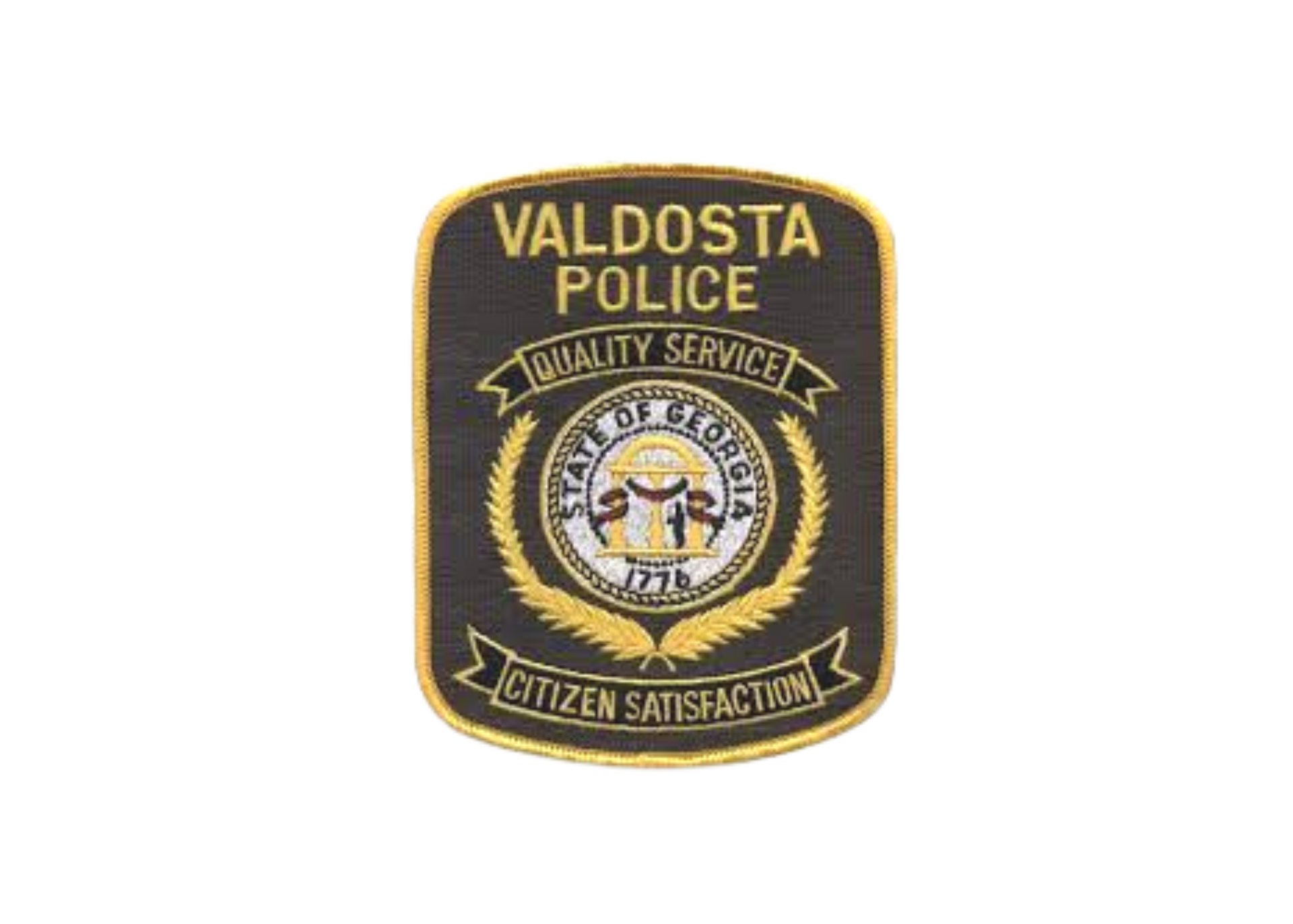 Valdosta Police patch with State of Georgia seal; black and gold with text